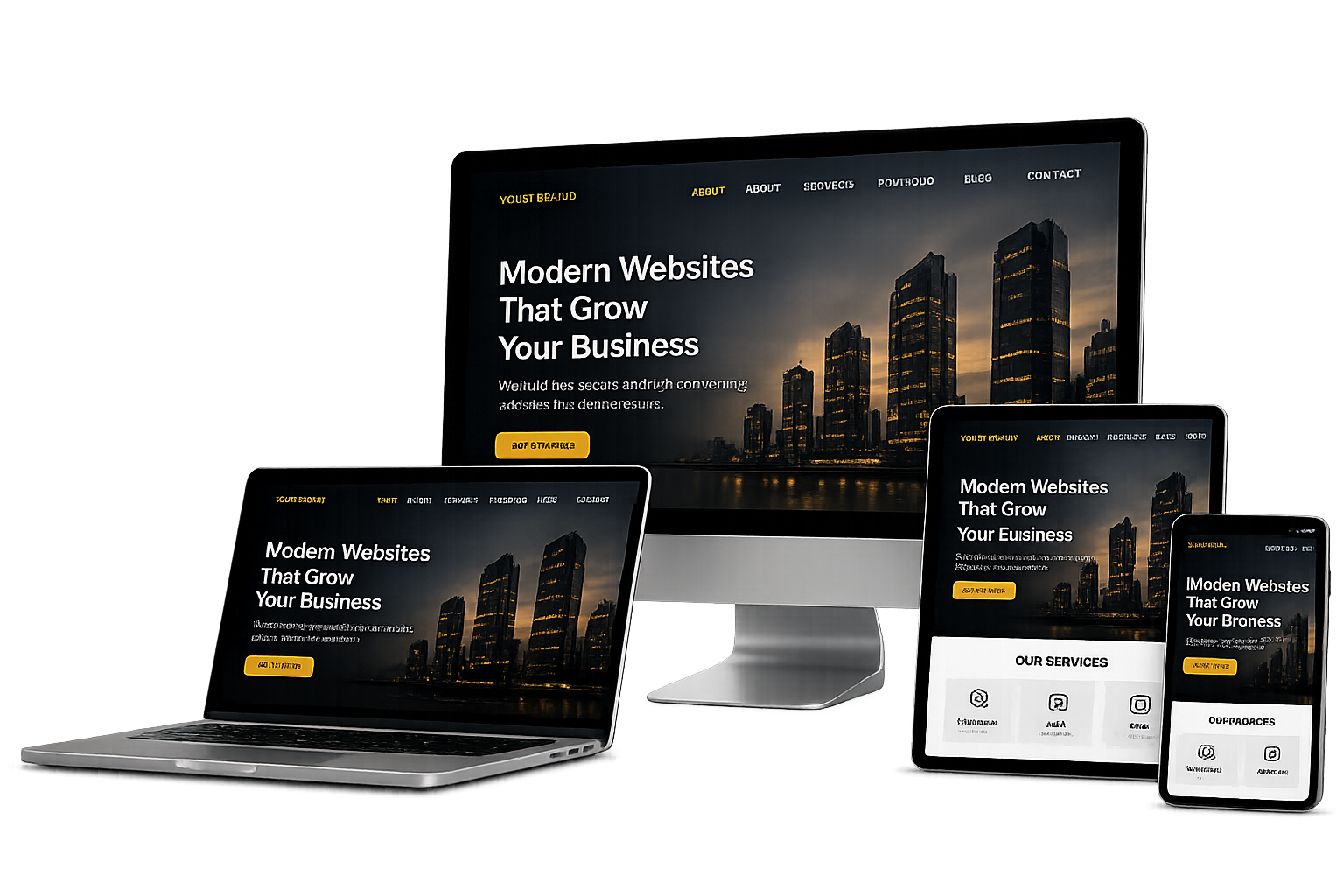 Responsive website designs shown on desktop, laptop, tablet and mobile devices